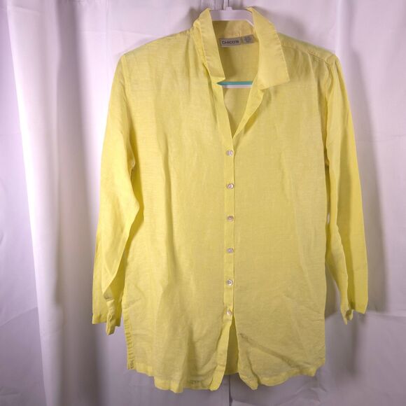 Chico's 1 Womens 8 Yellow Silk Linen Blend Button Down Front Blouse Shirt - Picture 1 of 7